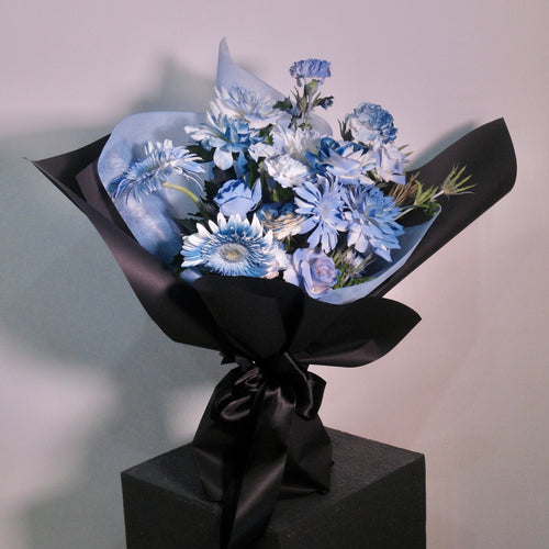 Aozora (青空) Luck Graduation Bouquet – soft blue flowers perfect gift idea for congratulating graduates and wishing them success, confidence, and new beginnings, Hanaya Flora, Sydney. 