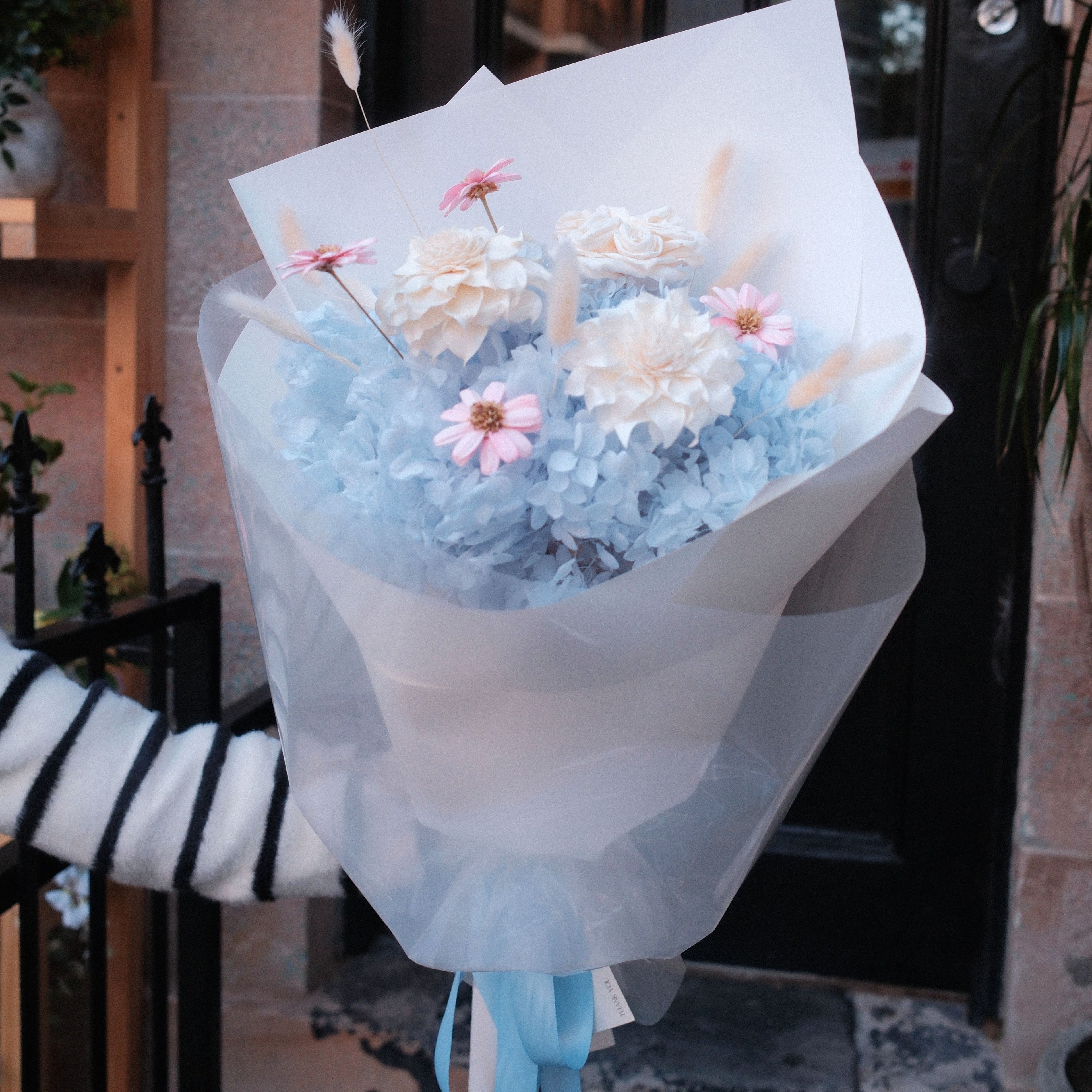 Blue Love bouquet of preserved hydrangea and pink daisy sprigs, Hanaya Flora Surry Hills florist
