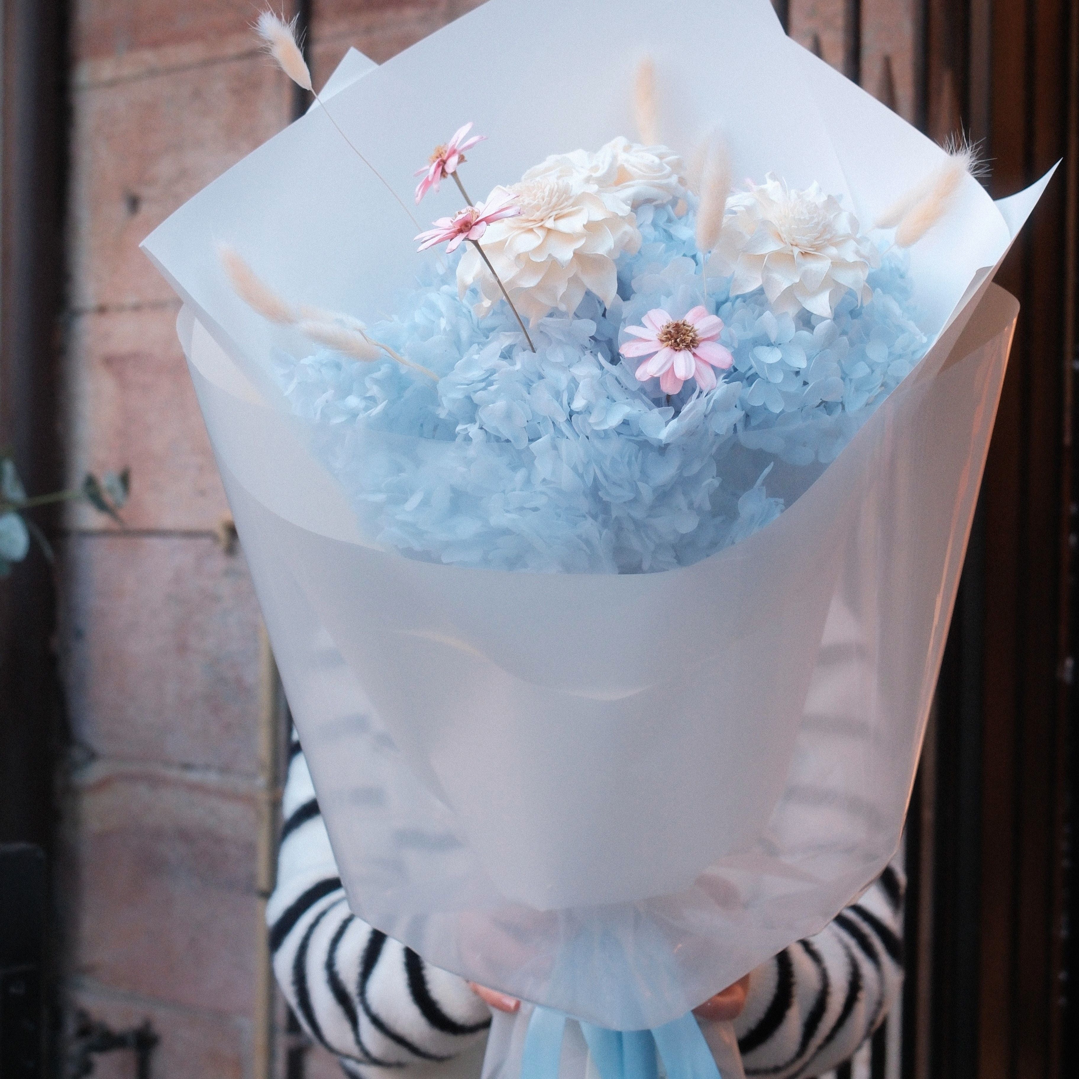 Blue Love preserved bouquet with dried blue hydrangea, hand-crafted blooms and bunny tail grass, Hanaya Flora