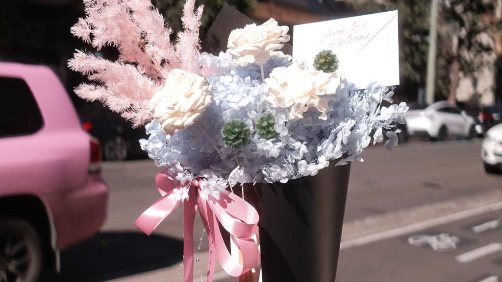 Blue Sorbet preserved bouquet with powder blue hydrangea and ivory hand-crafted blooms, Hanaya Flora