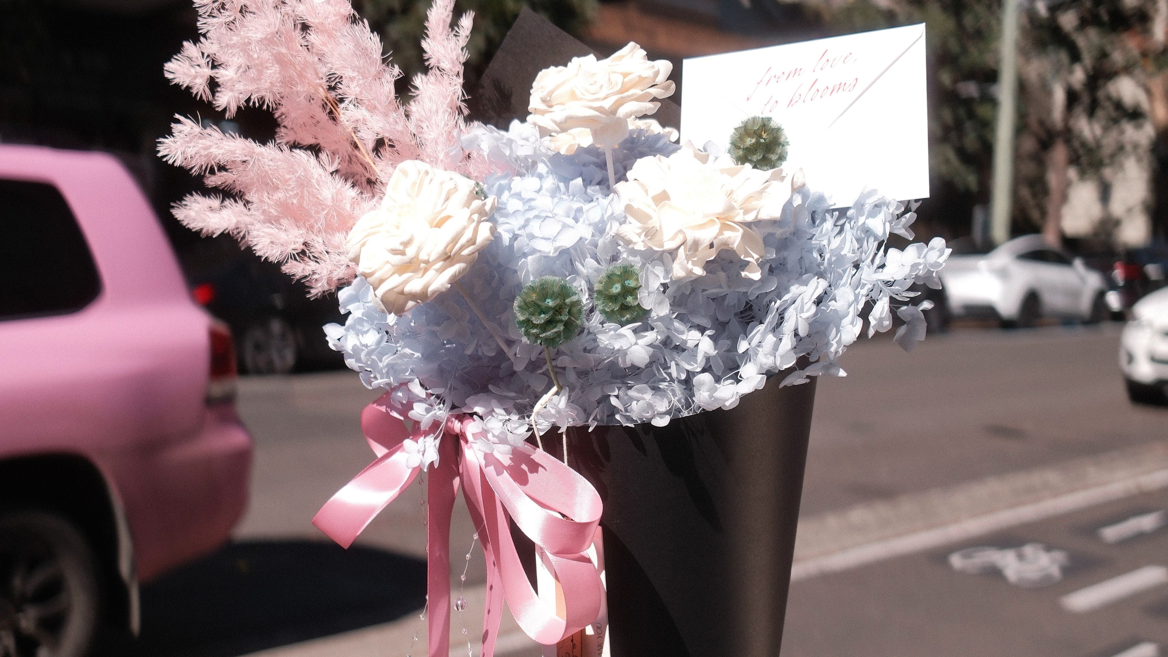 Blue Sorbet preserved bouquet with powder blue hydrangea and ivory hand-crafted blooms, Hanaya Flora