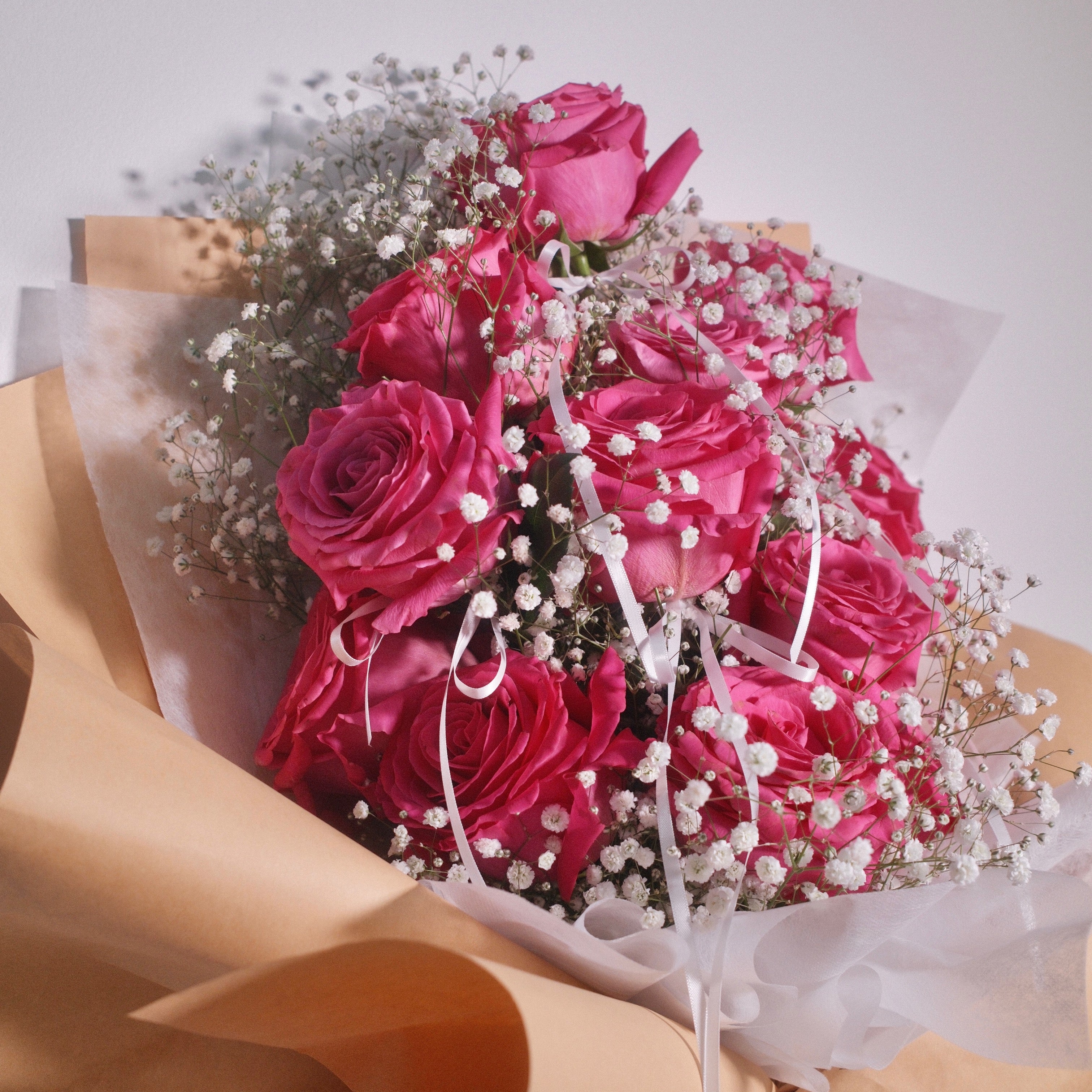 Close-up detail of the Blush Promise bouquet, an anniversary gift