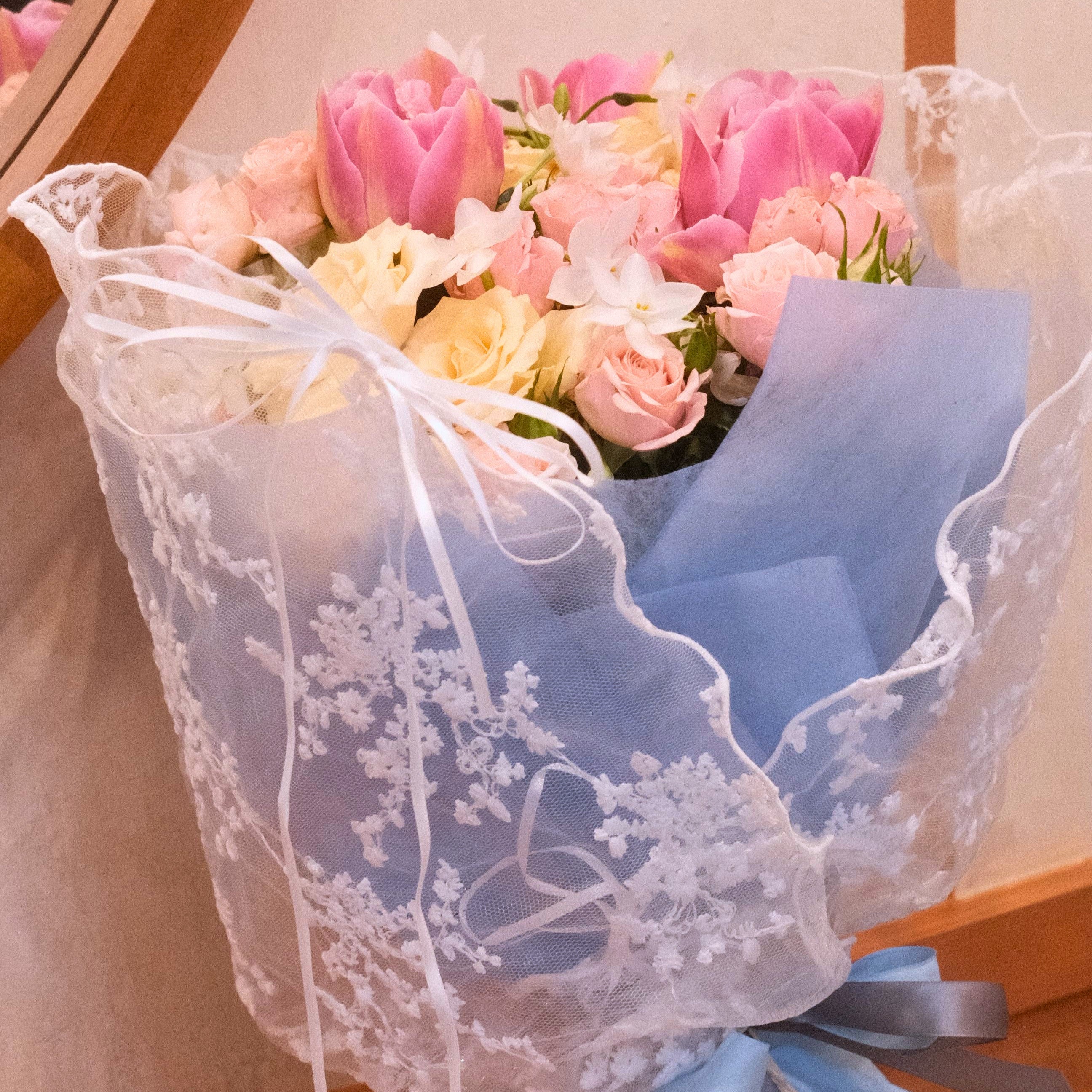 Cloudy Cinderella bouquet in dreamy blue lace wrap, a romantic gift