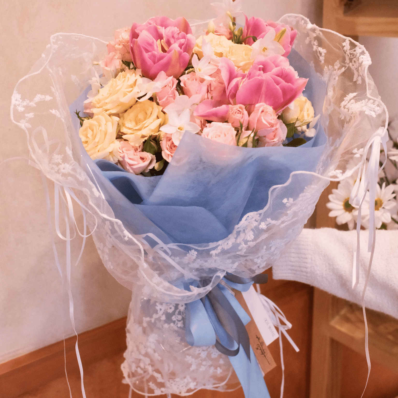 Cloudy Cinderella pink tulip and rose bouquet, a romantic gift, Sydney