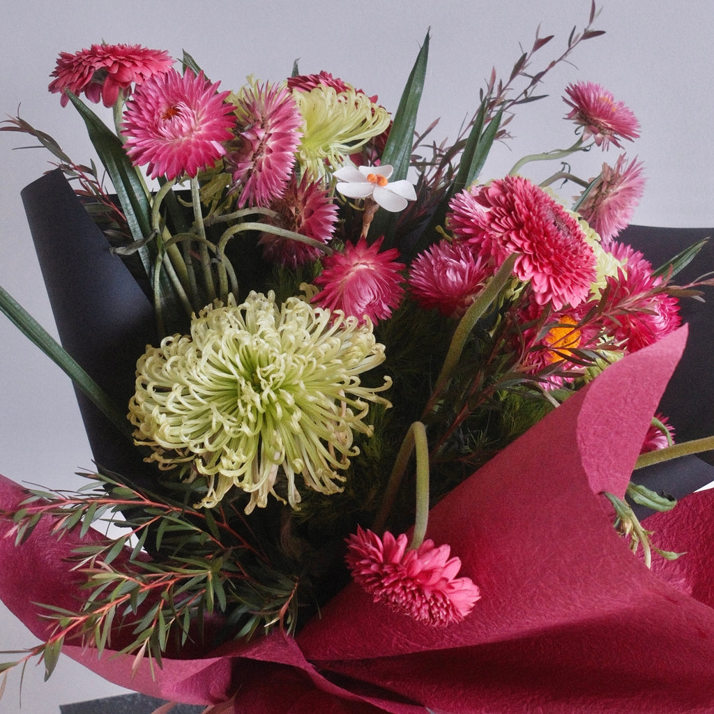 Bouquet of flowers with pink and green colors wrapped in modern styl, perfect gift for mum made by Hanaya Flora, Sydney, Surry Hills