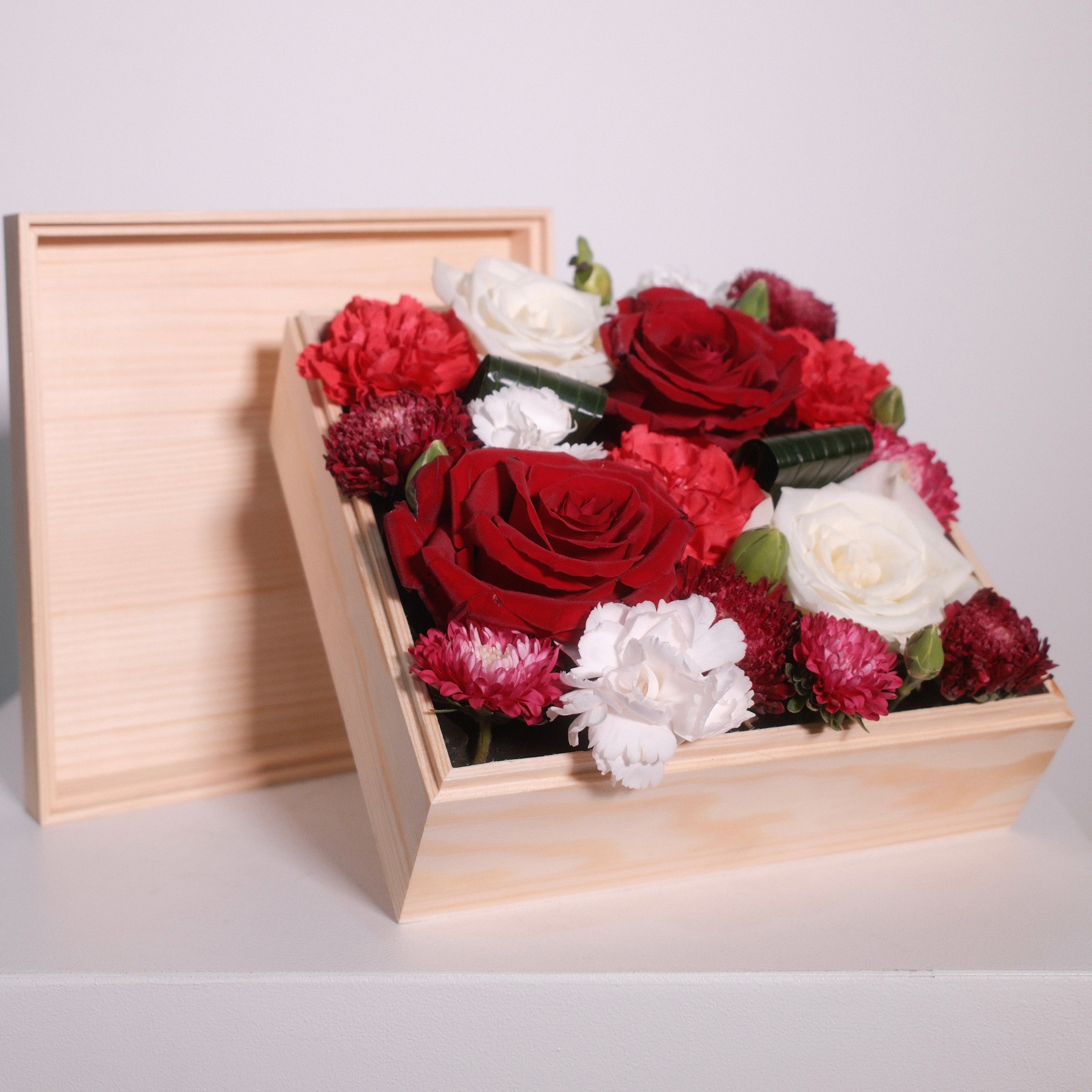 Hanaya Box Red (W) flower box in a kiribako-style wooden box, an anniversary gift, Sydney