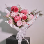 Pink rose and chrysanthemum bouquet for mum, styled on a pedestal, Surry Hills flower shop