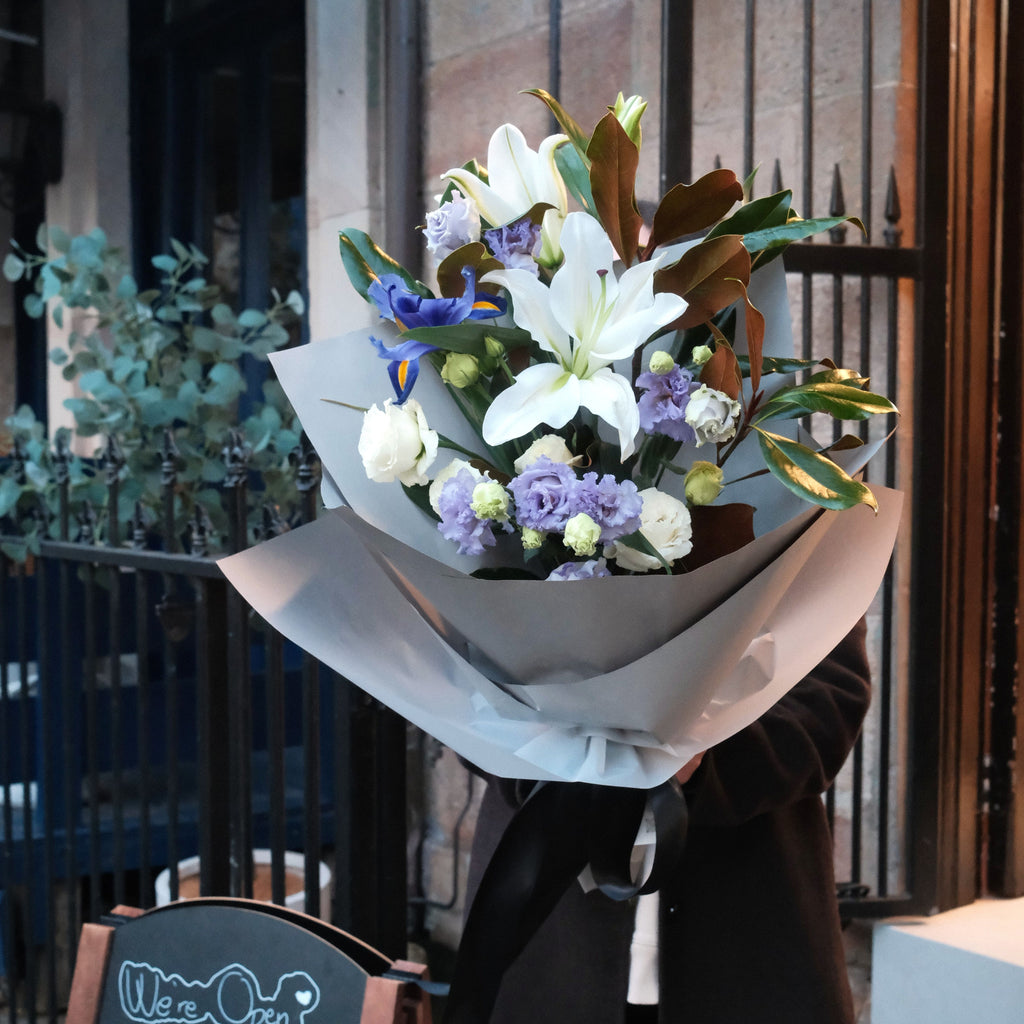 Gentle Farewell sympathy bouquet carried outside Hanaya Flora, Surry Hills florist