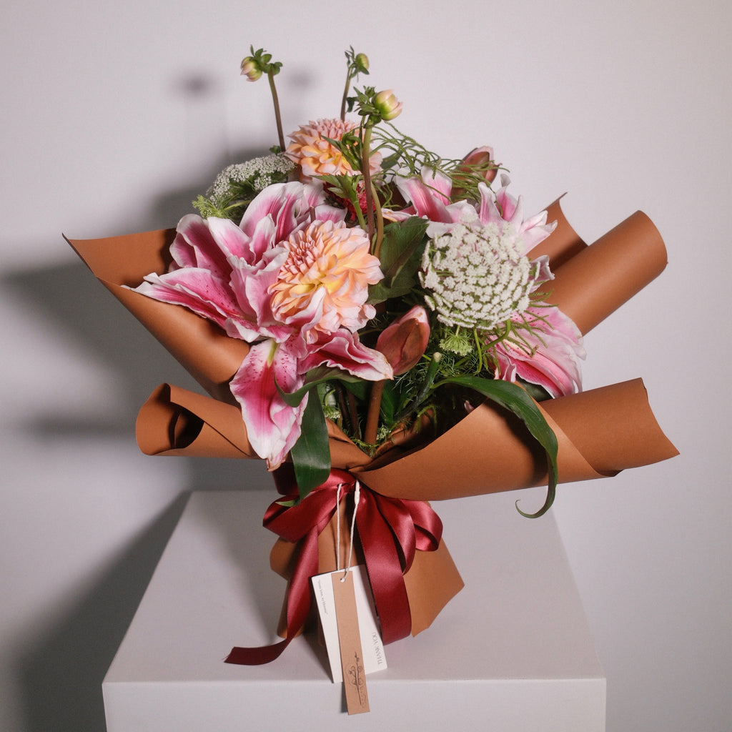 Hana-Akari blush pink lily and dahlia bouquet, a gentle gift bouquet from our Surry Hills flower shop