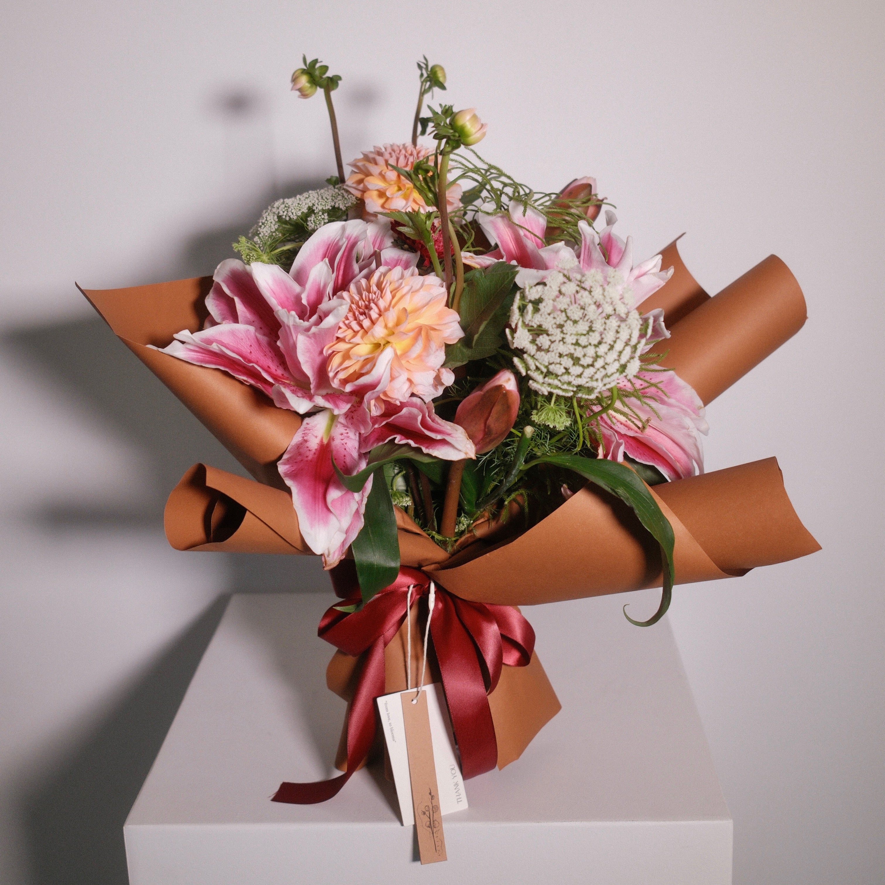 Hana-Akari blush pink lily and dahlia bouquet, a gentle gift bouquet from our Surry Hills flower shop