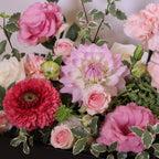 Close-up of the Hanaya 3D Box Blush with dahlias, roses and gerbera in blush tones