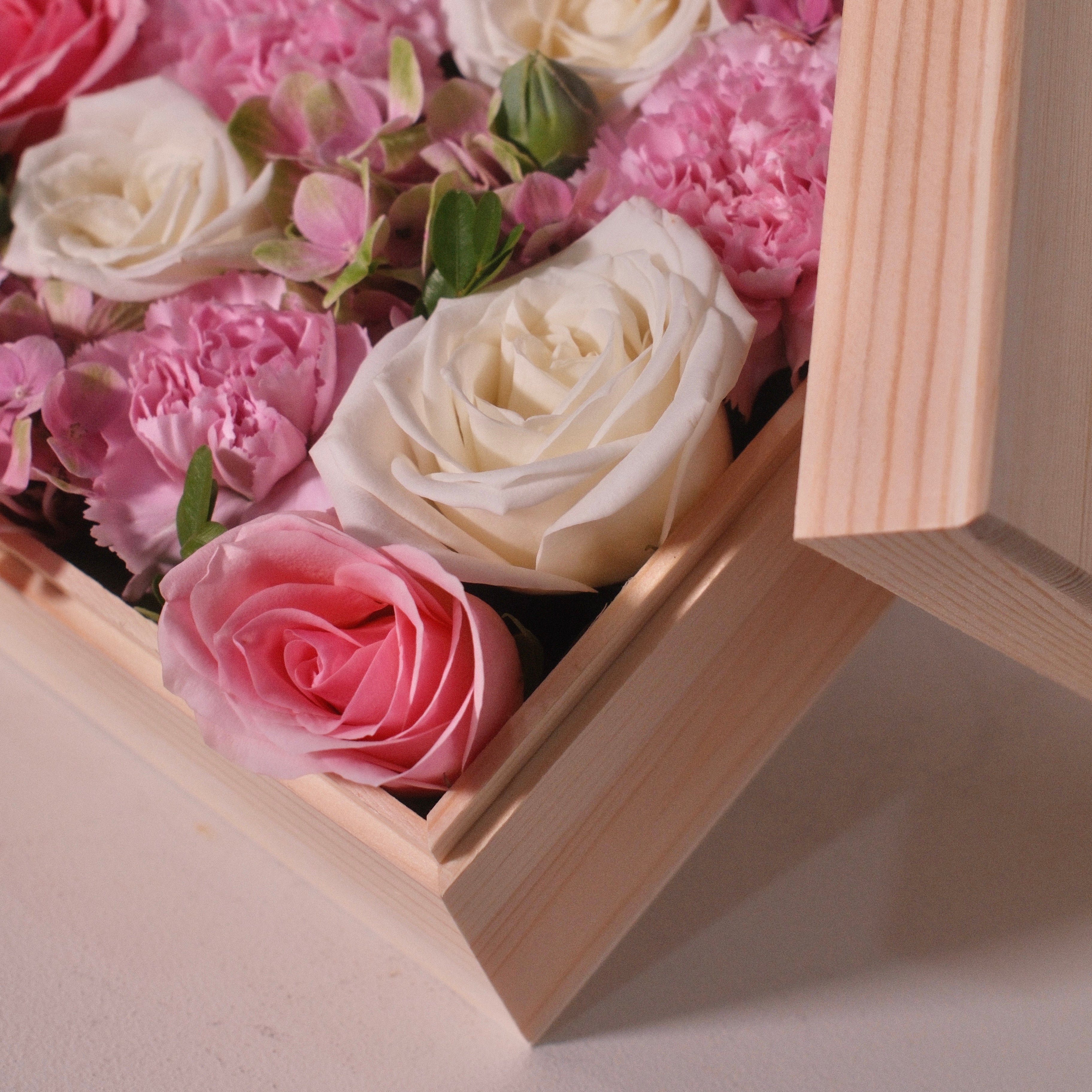 Hanaya Box Pink (W) with soft pink and white roses in a kiribako-style wooden box, Sydney