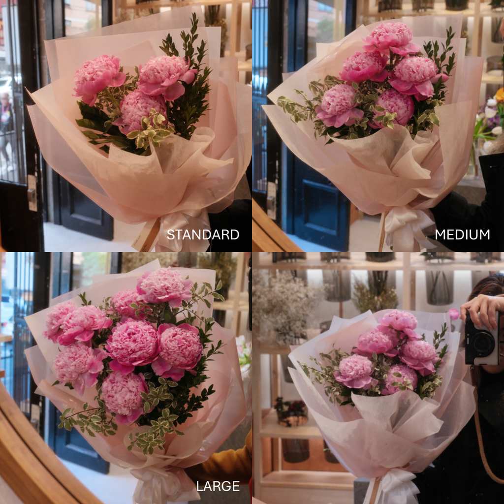 Koharu peony bouquet size comparison — standard, medium and large, Surry Hills flower shop