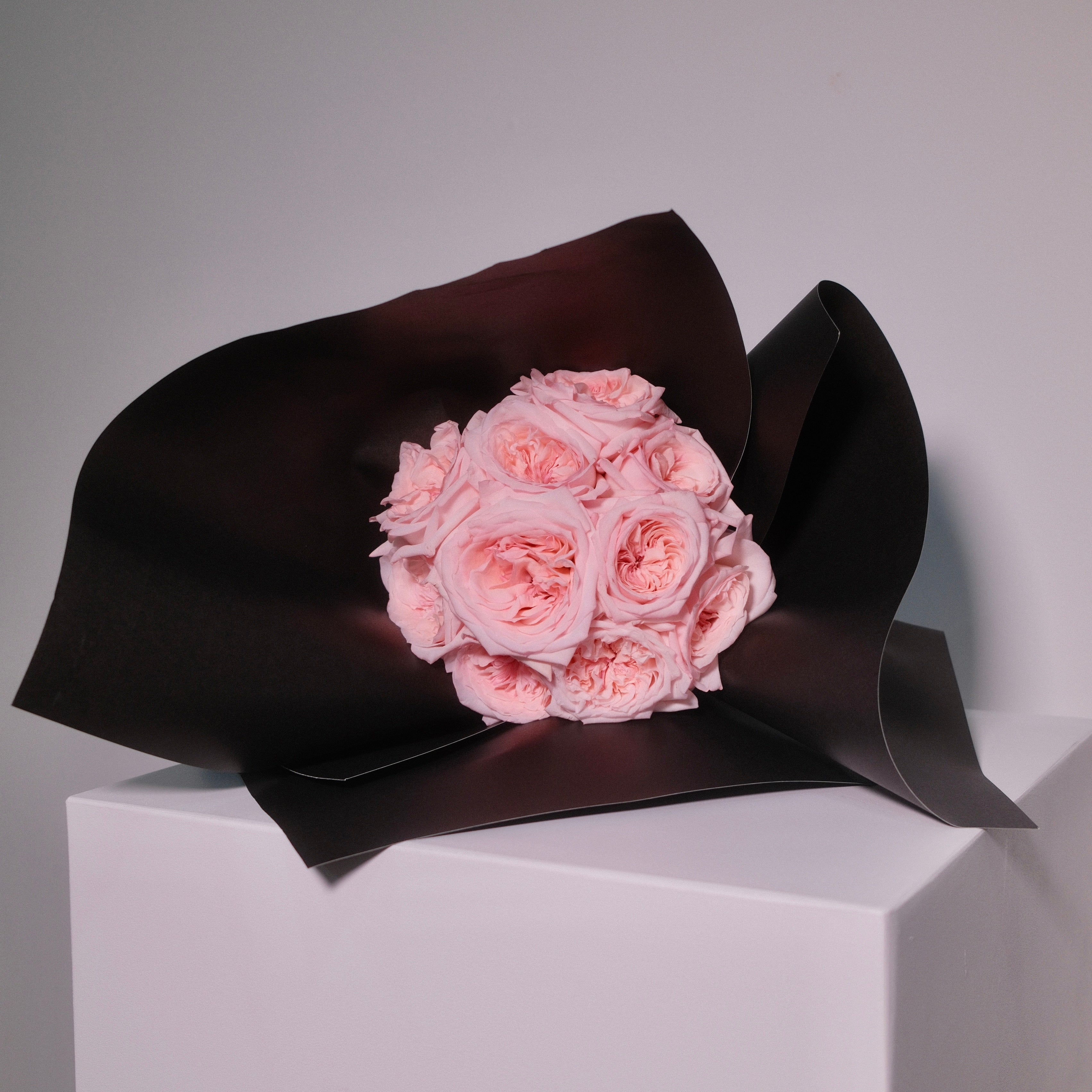 Bouquet of pink roses wrapped in black paper on a white platform, Hanaya Flora, SurryHills, Sydney.