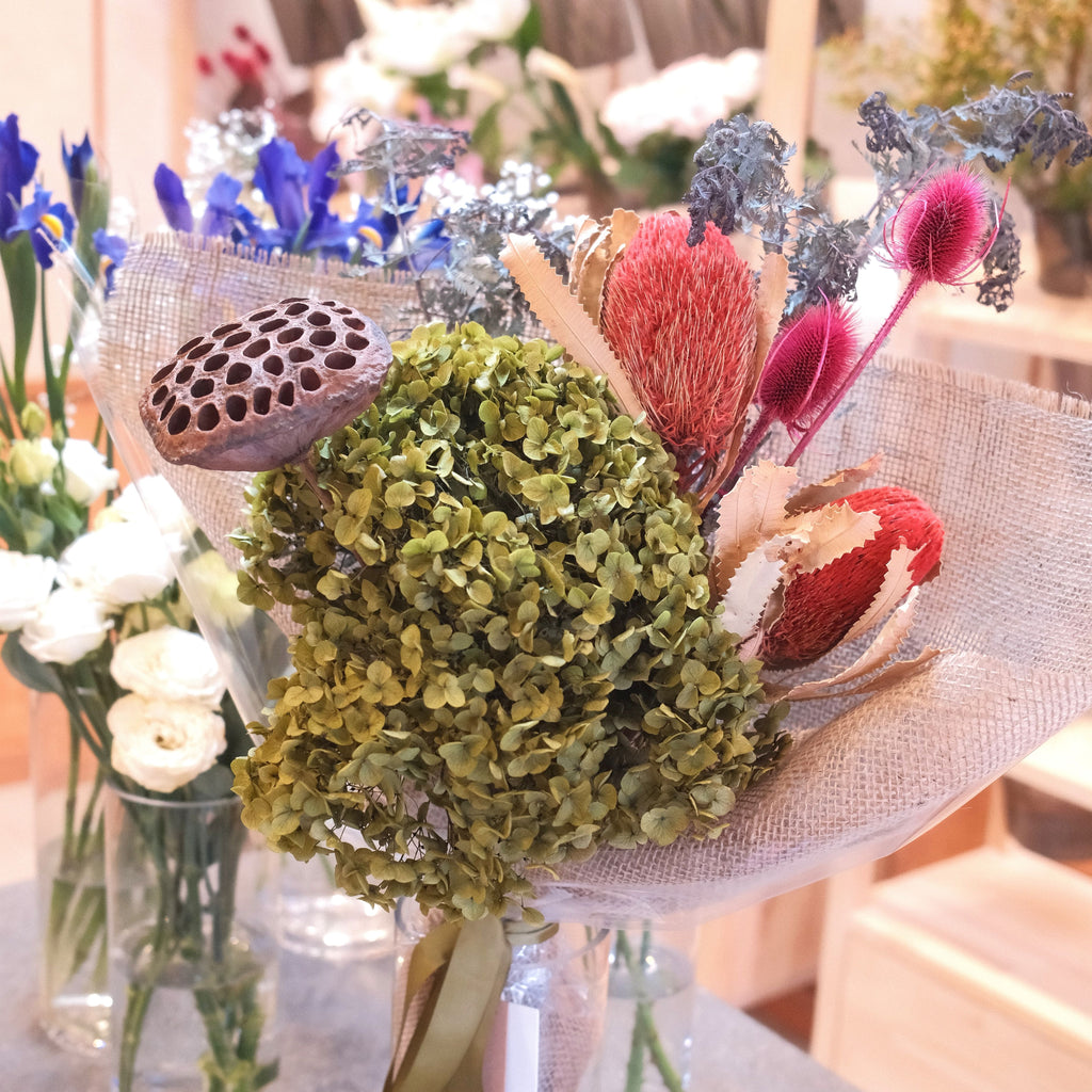 Native Reverie preserved bouquet with dried hydrangea, lotus pod and banksia, Hanaya Flora