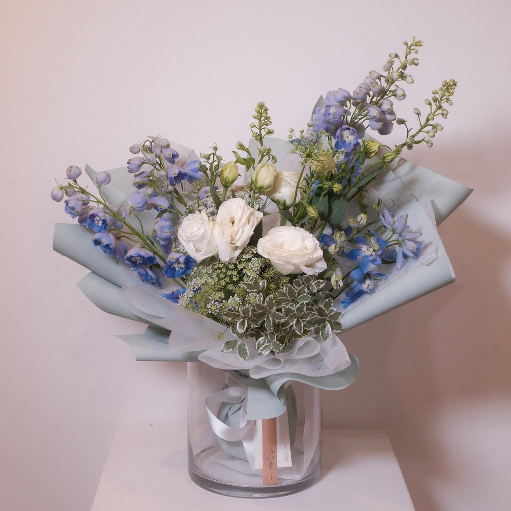Natsuzora delphinium bouquet displayed in a vase, Sydney flower delivery