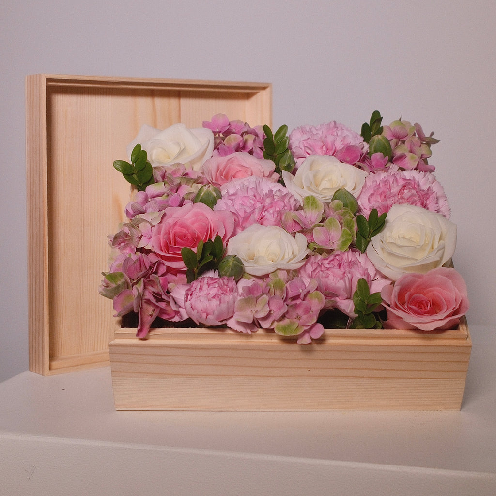 Pink Floral arrangement in a wooden gift box, with white roses and pink roses, by Hanaya Flora, Sydney.