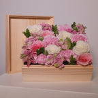 Pink Floral arrangement in a wooden gift box, with white roses and pink roses, by Hanaya Flora, Sydney.