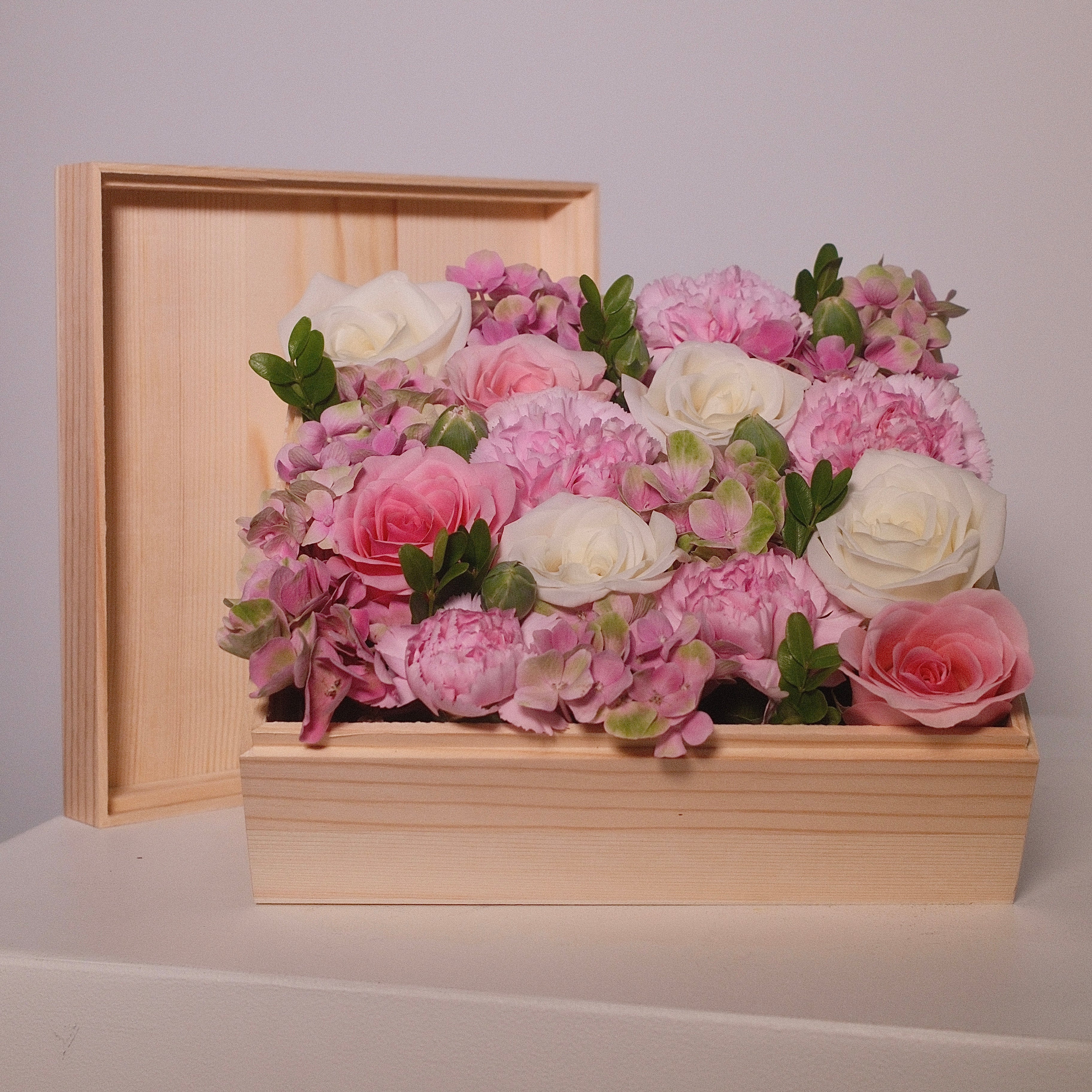 Pink Floral arrangement in a wooden gift box, with white roses and pink roses, by Hanaya Flora, Sydney.
