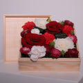 Wooden gift box filled with red rose, white rose, and pink flowers by Hanaya Flora, Sydney.