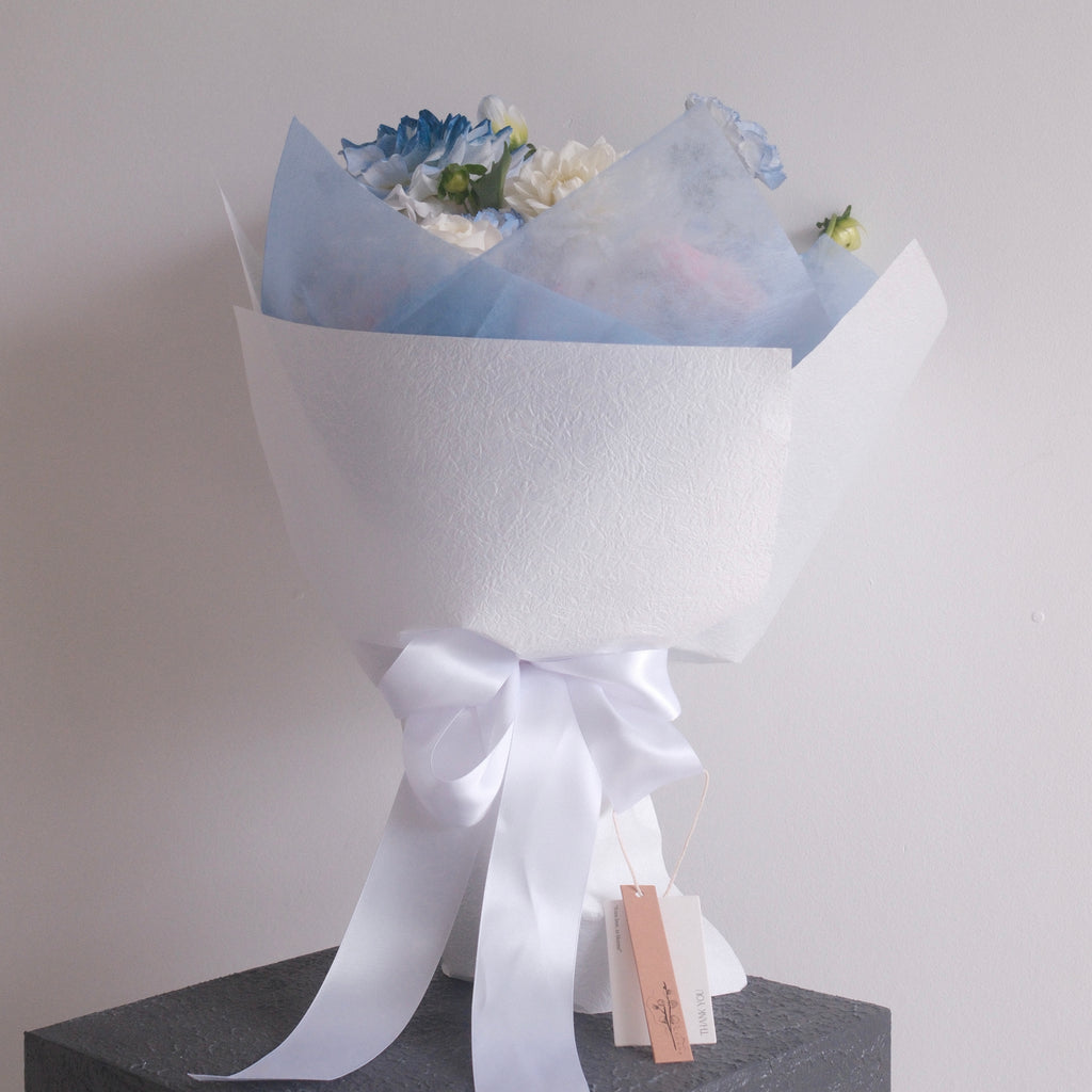 Sky Muse pastel bouquet styled on a pedestal, a birthday and thank you gift, Sydney