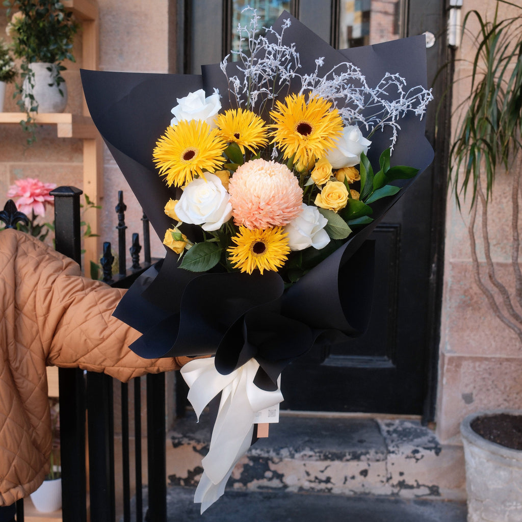 Sunny Wishes get well bouquet displayed at Hanaya Flora, Surry Hills florist