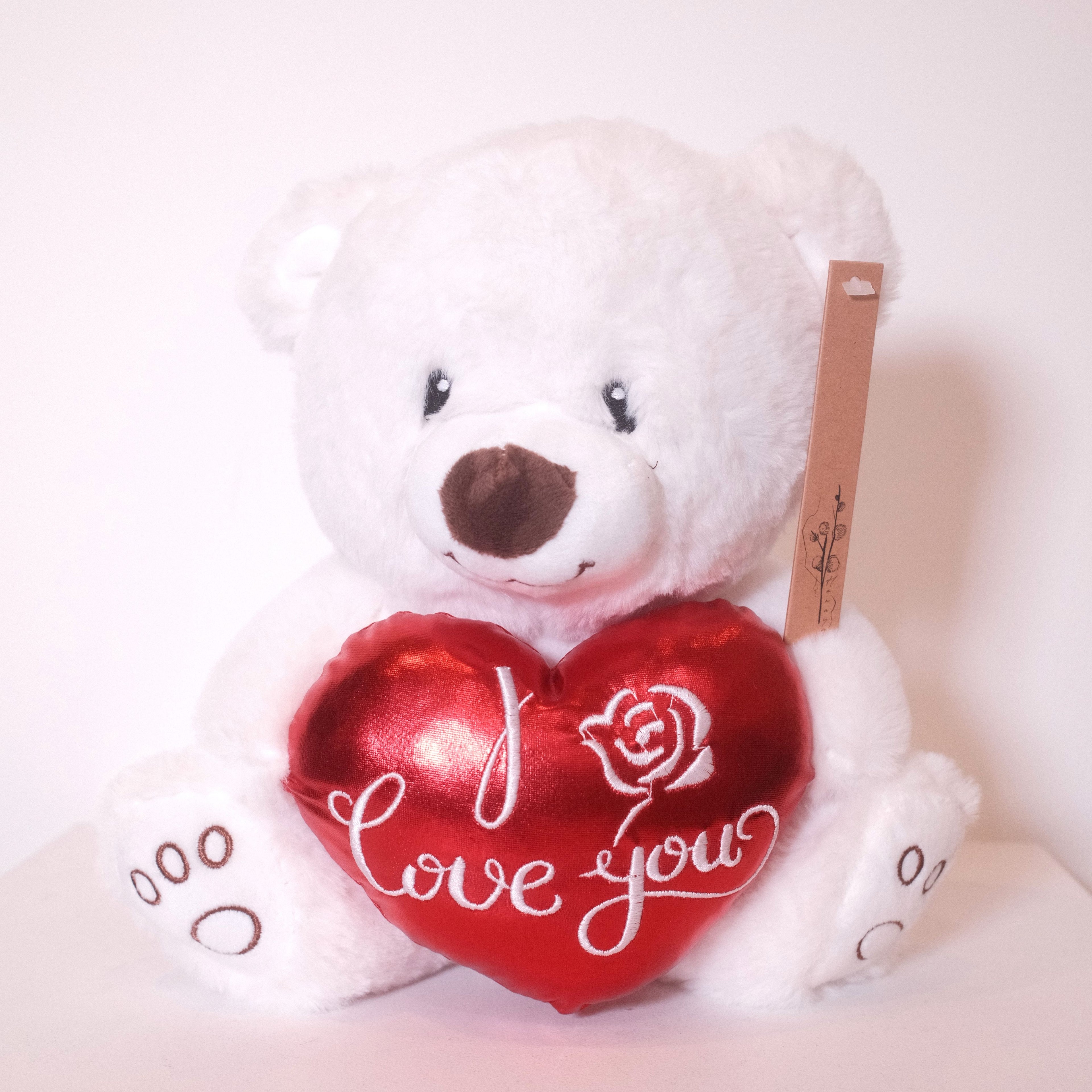 White teddy bear Yuki 25cm holding an "I Love You" rose heart, soft toy gift Sydney — Hanaya Flora
