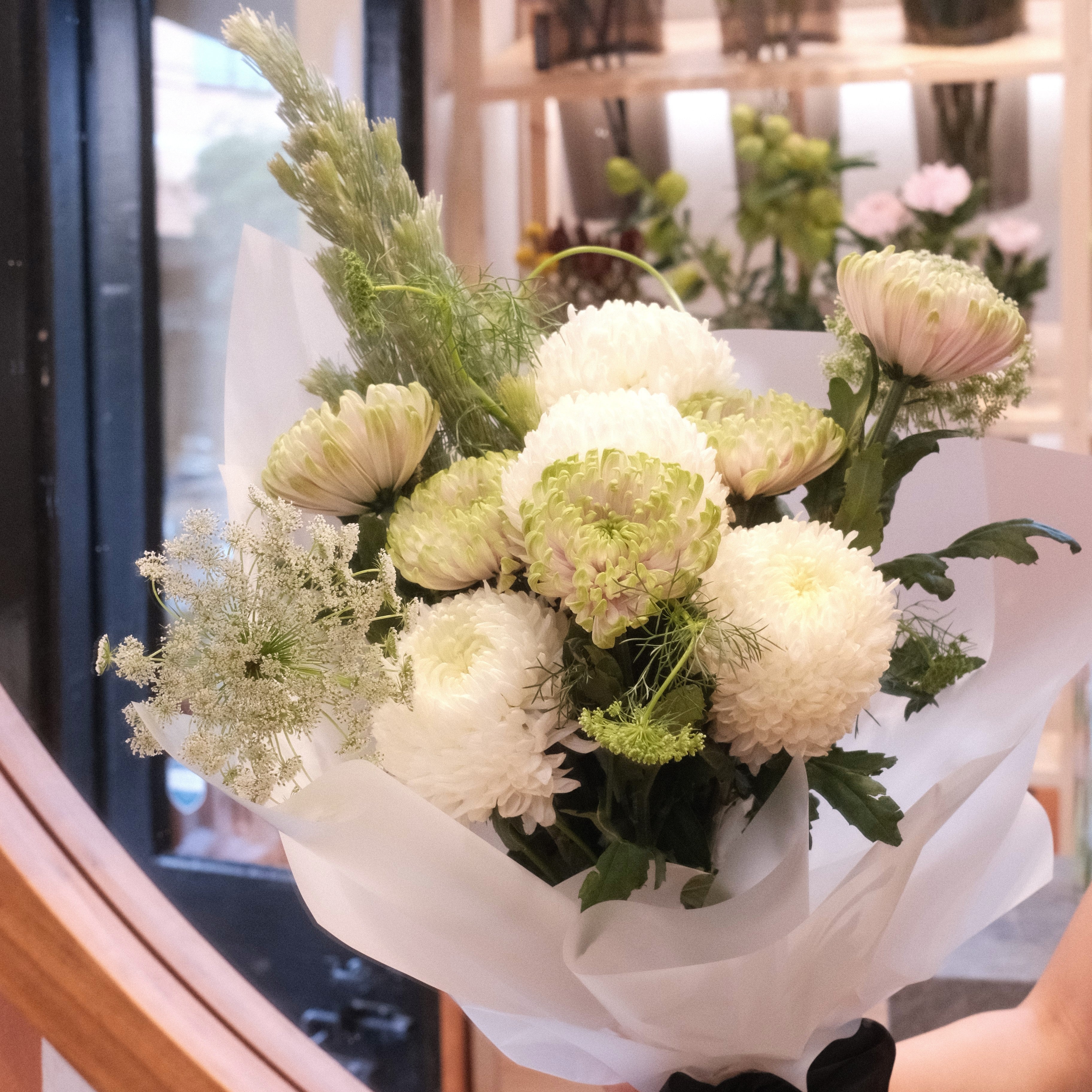 White and green chrysanthemum bouquet with Queen Anne's lace, Quiet Comfort by Hanaya Flora Surry Hills