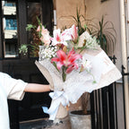 Yuri May birthday lily bouquet with white satin ribbon, Sydney flower delivery